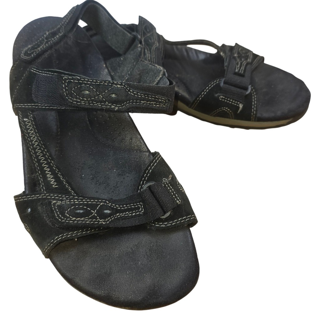 Earth Origins Womens Size 11W Black Sandal Hook & Loop Adjustable Leather